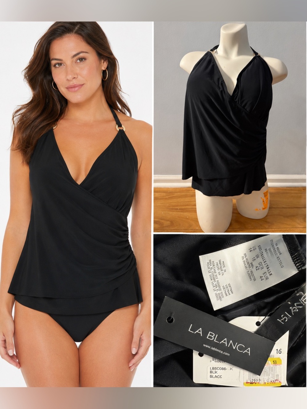 La Blanca Size 14 XL Black Halter Tankini Swim Top NWT UPF 50 Draped Tummy